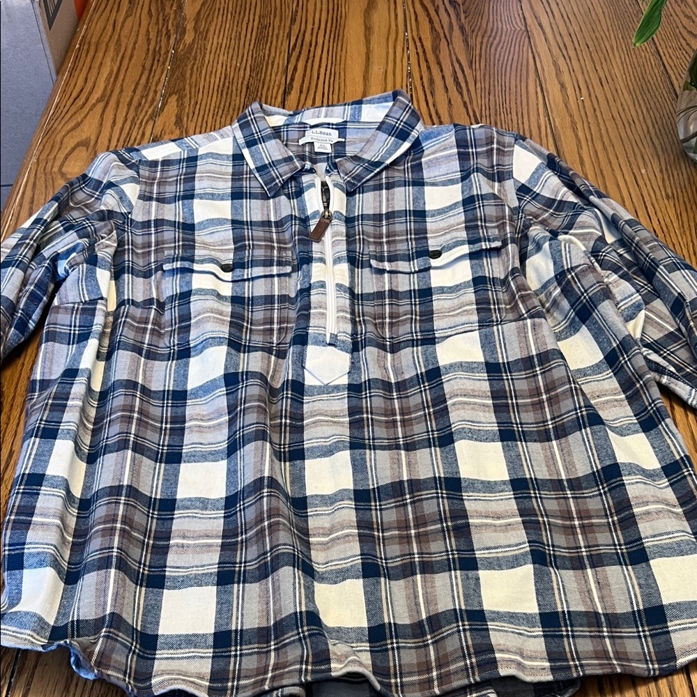 L.L. Bean Women’s Casual Plaid Shirt - Blue, Brown, and White